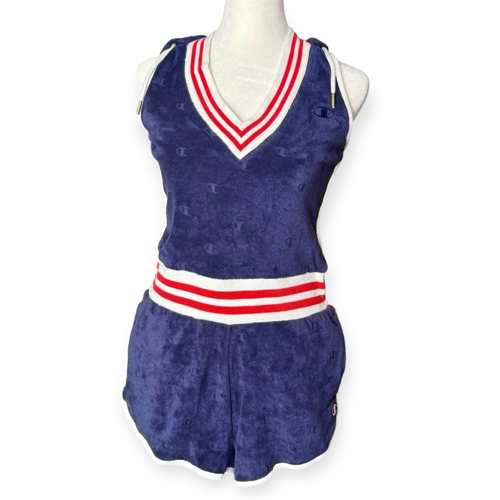 CHAMPION NWT Imperial Indigo Terry Cloth Varsity Hooded Sleeveless Romper, Small - Picture 7 of 13